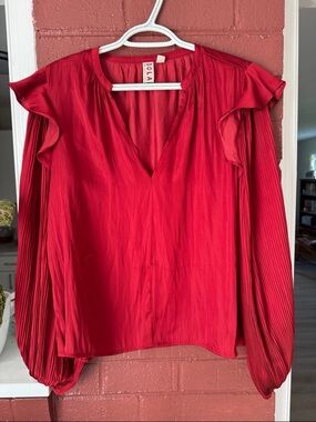 dolan Red V-Neck Blouse with Pleated Long Sleeves and Fluttered Shoulders Small